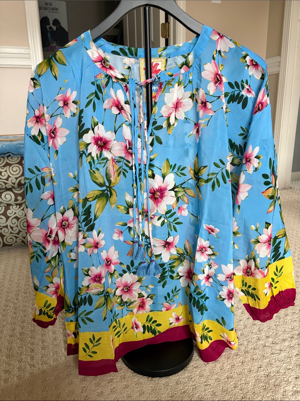 Johnny Was Sky Blue Floral Tie-Neck Blouse with Yellow & Magenta Trim